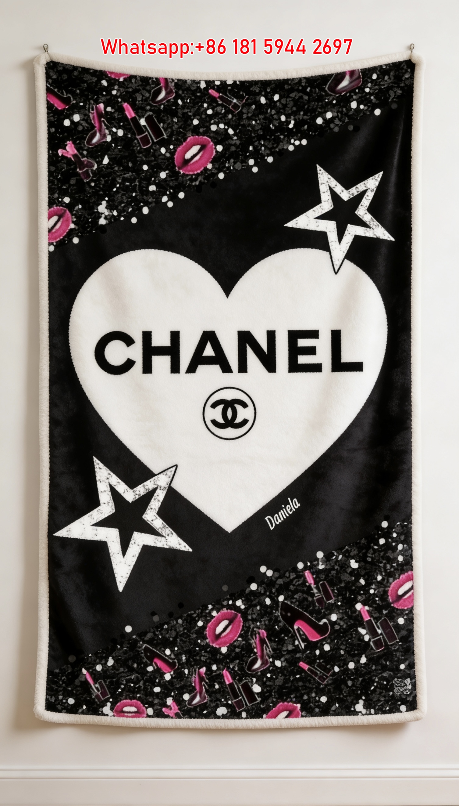 Chanel Luxury Flannel Sofa Throw - Chanel Heart & Pink Glitter Lipstick Star Print Wall Decor Blanket IMG_7296